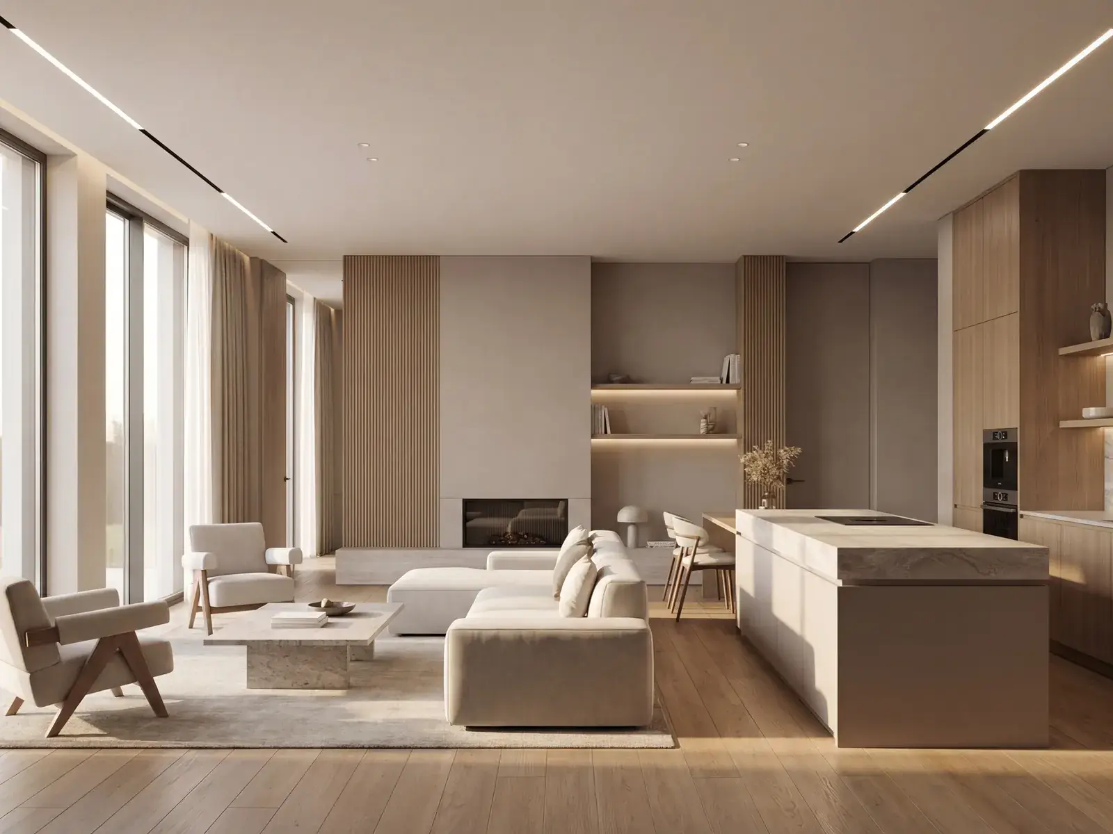 Jasny salon z kuchnią i drewnianą podłogą